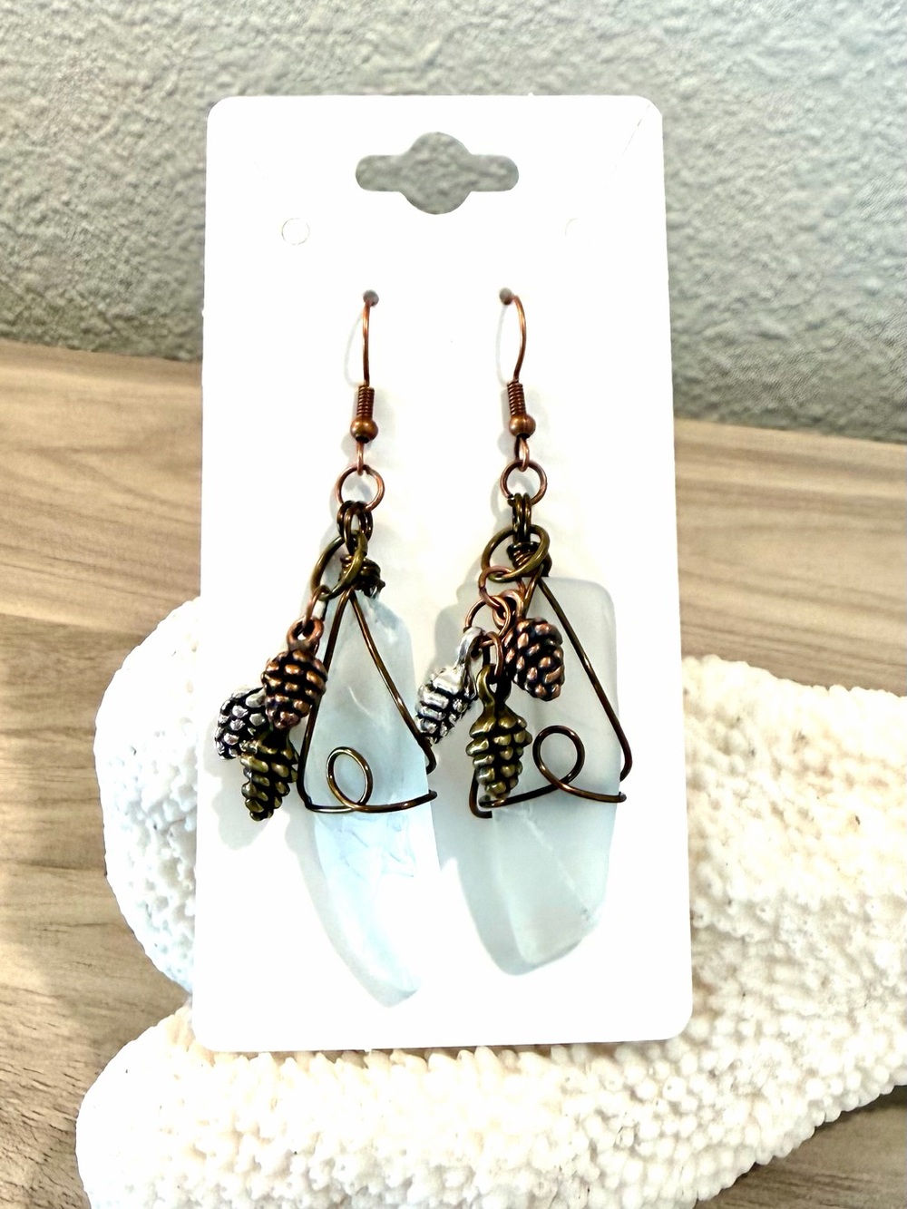 4. Handcrafted Sea Glass Drop Earrings with Pinecone Accents - White
